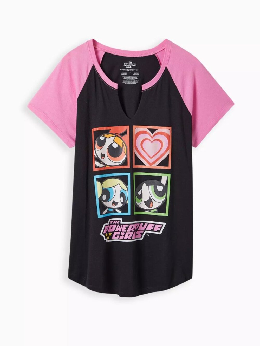 Torrid Powerpuff Girls Black & Pink Cotton Split-Neck Raglan Tee Size 3/3X NWT